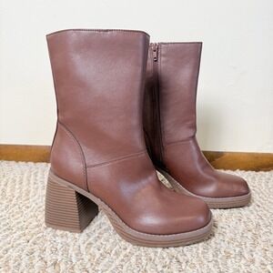 Sun + Stone Aleene Brown Mid-Calf Block Heel Boots Faux Leather Square Toe 7.5